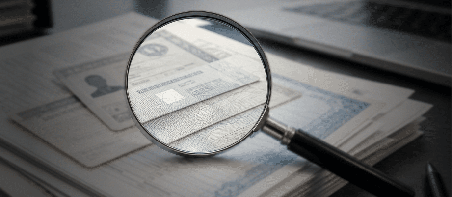Image of a magnifying glass ontop of a document stack